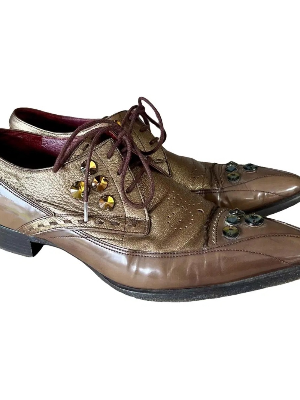 Prada Bronze Metallic Leather Crystal Embellished Oxford Shoes EU 37